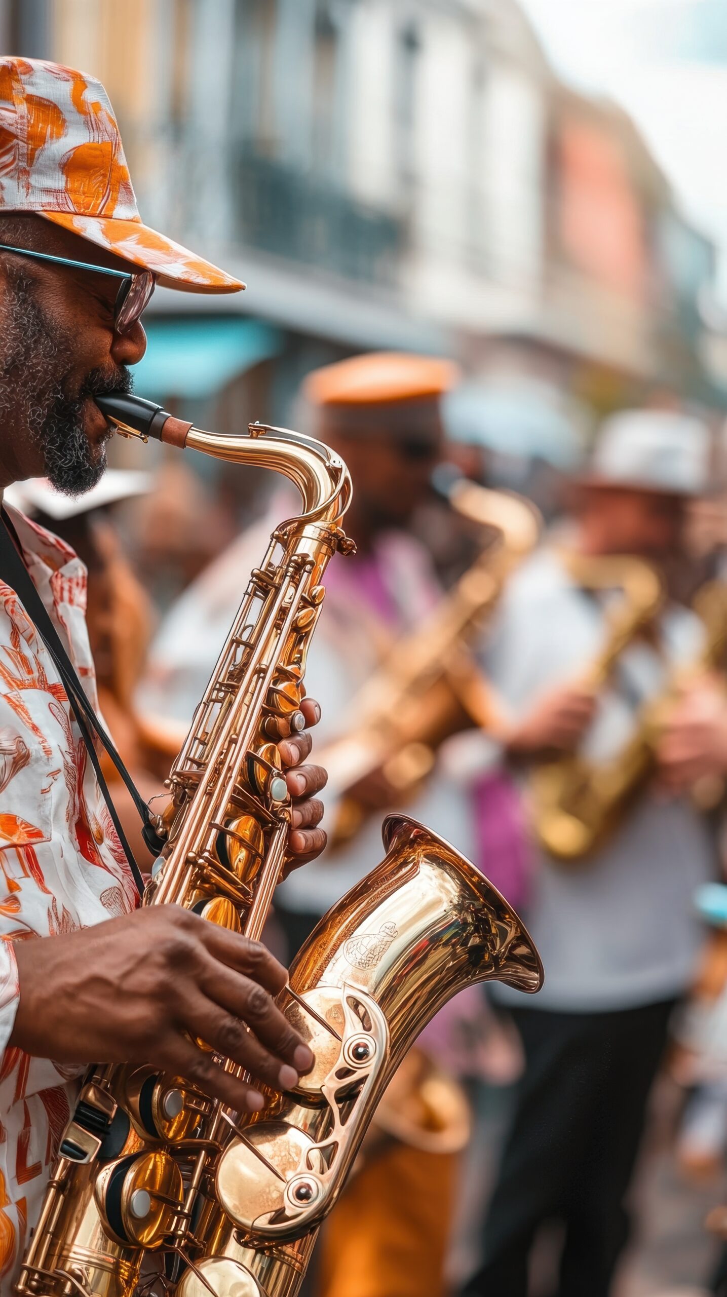 Musicians perform saxophones and trumpets while people enjoy dancing at New Orleans jazz festival